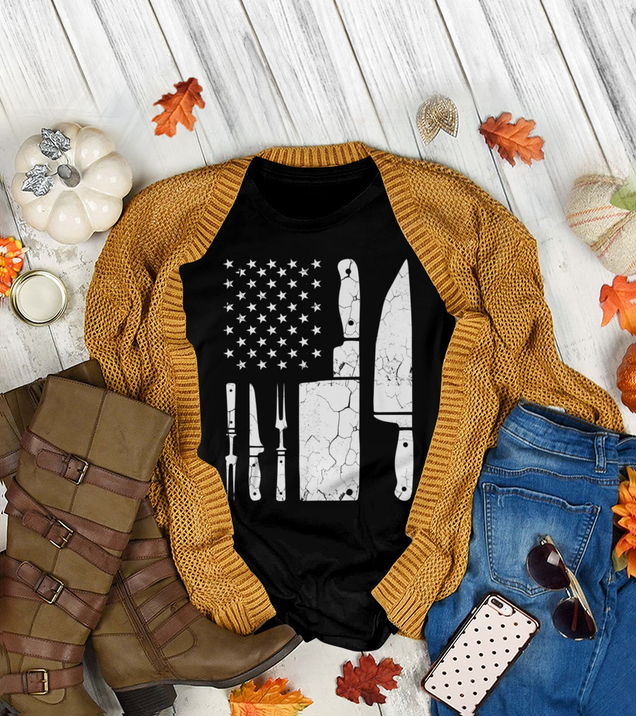 Cracked Vintage Knife Set American Flag Chef Cooking Concept T-Shirt