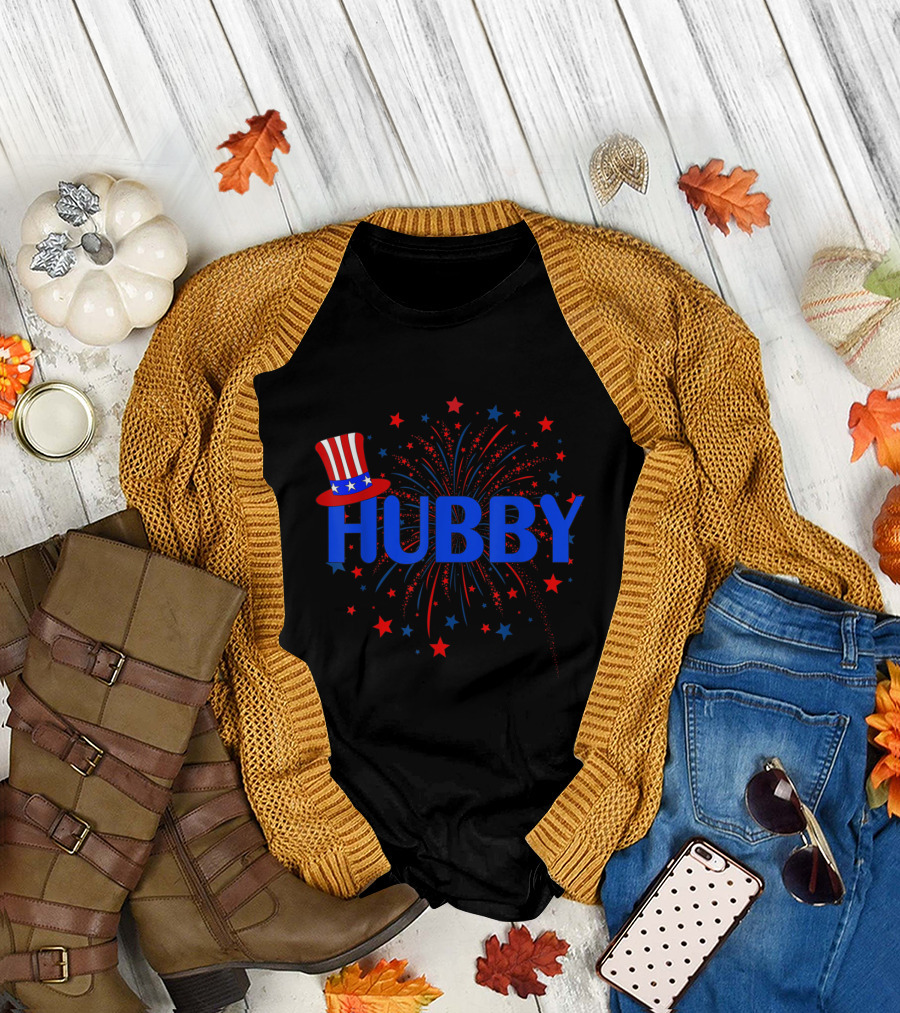 Hubby 4th July Patriotic Fireworks and Stars Design with Uncle Sam Hat T-Shirt