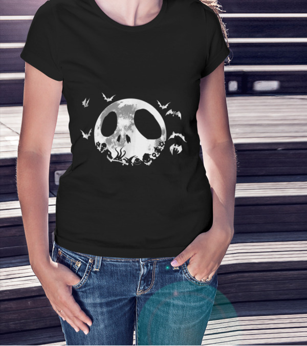 Disney Nightmare Before Christmas Full Moon With Bats And Jack Skellington Face T-Shirt