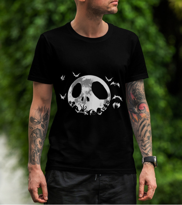 Disney Nightmare Before Christmas Full Moon With Bats And Jack Skellington Face T-Shirt