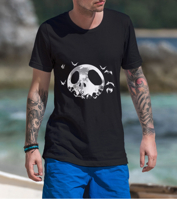 Disney Nightmare Before Christmas Full Moon With Bats And Jack Skellington Face T-Shirt