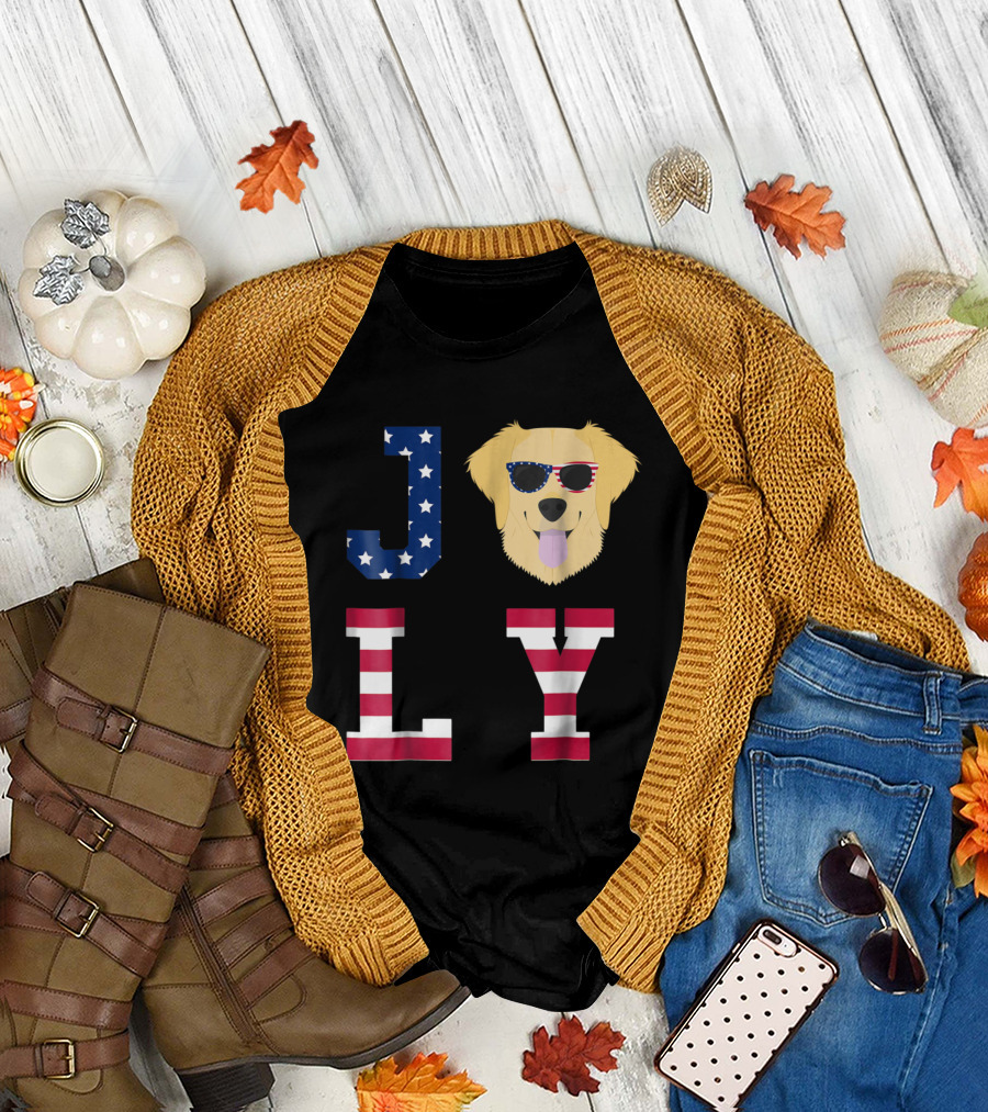 JOLY Golden Retriever with American Flag Sunglasses for 4th of July T-Shirt