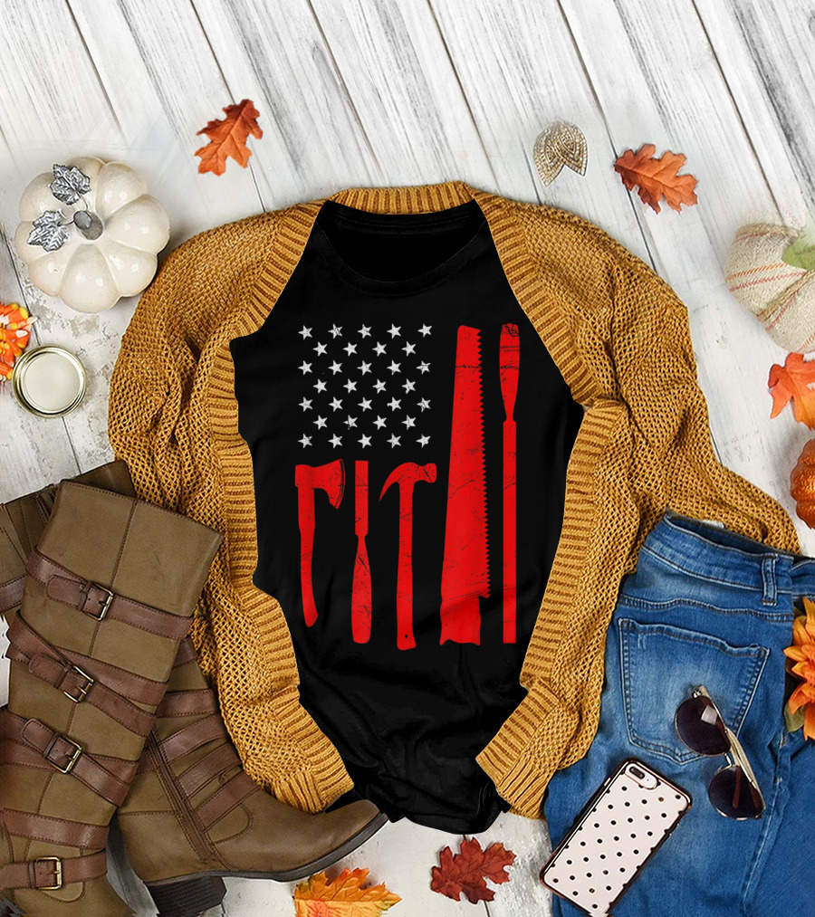 4th of July American Flag with Woodworking Tools T-Shirt