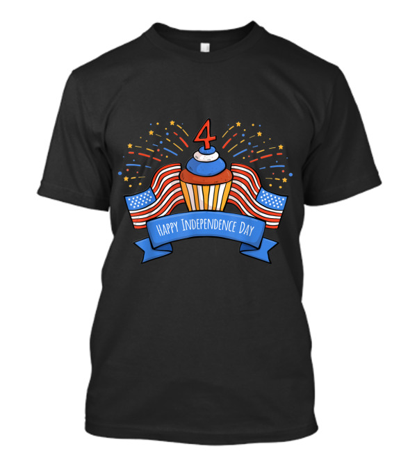 4th Of July Birthday Cake With Happy Independence Day Banner And Flags T-Shirt