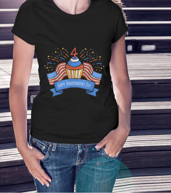 4th Of July Birthday Cake With Happy Independence Day Banner And Flags T-Shirt
