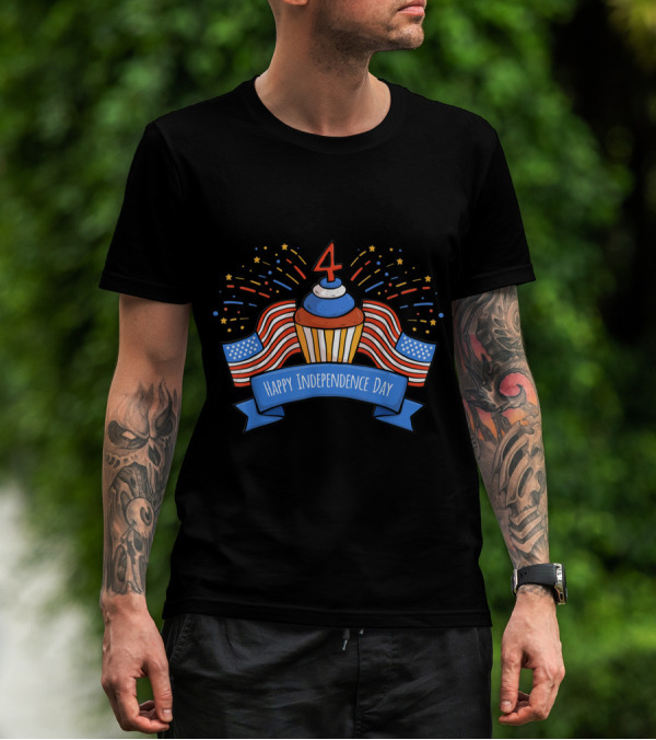 4th Of July Birthday Cake With Happy Independence Day Banner And Flags T-Shirt