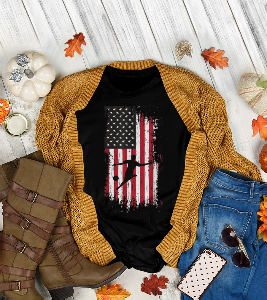 Silhouette Soccer Player with American Flag Fourth of July T-Shirt