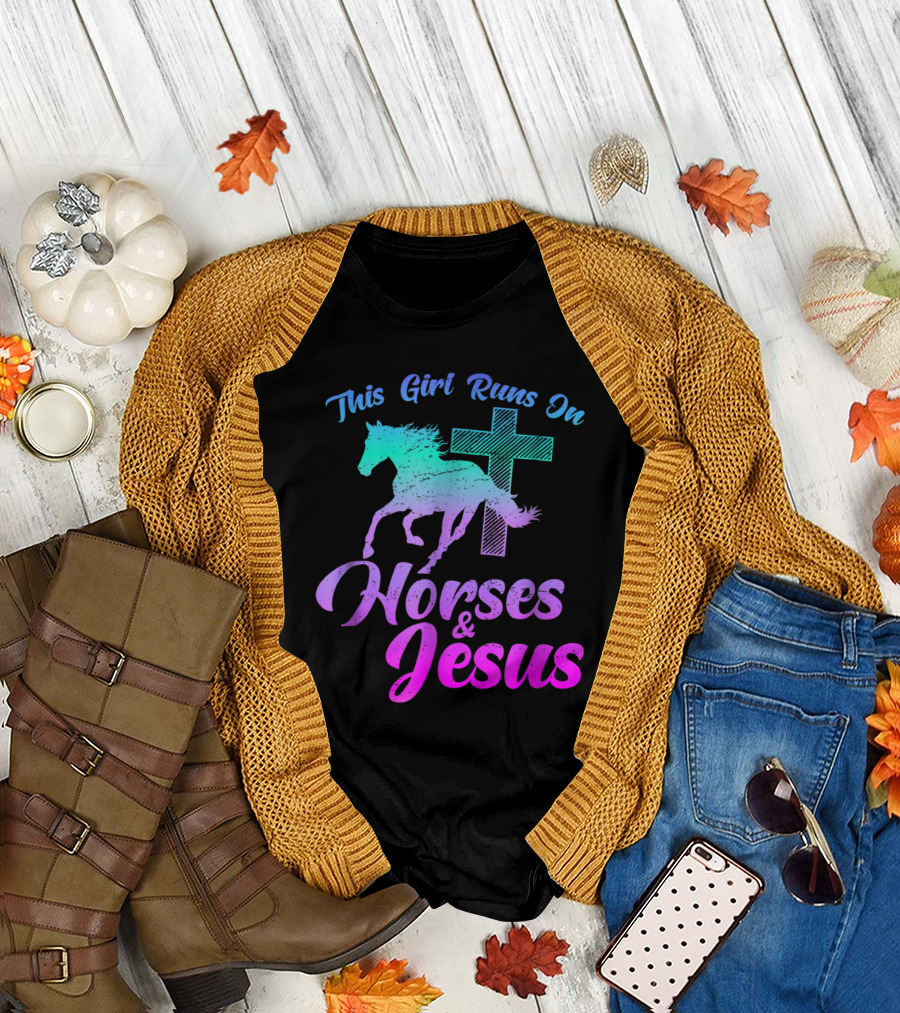 This Girl Runs on Horses and Jesus Christian Faith Equestrian T-Shirt