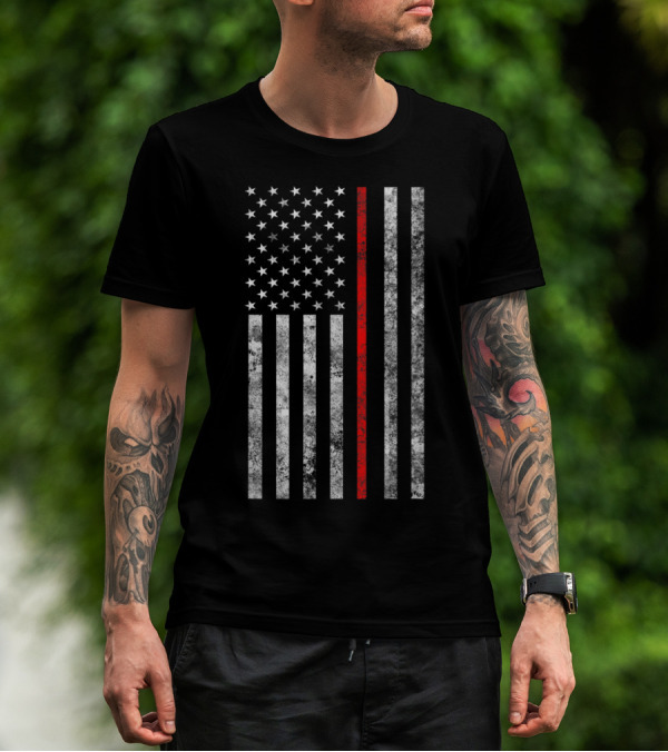 Distressed Thin Red Line American Flag Firefighter Tribute Iconic Symbol Hero Support T-Shirt
