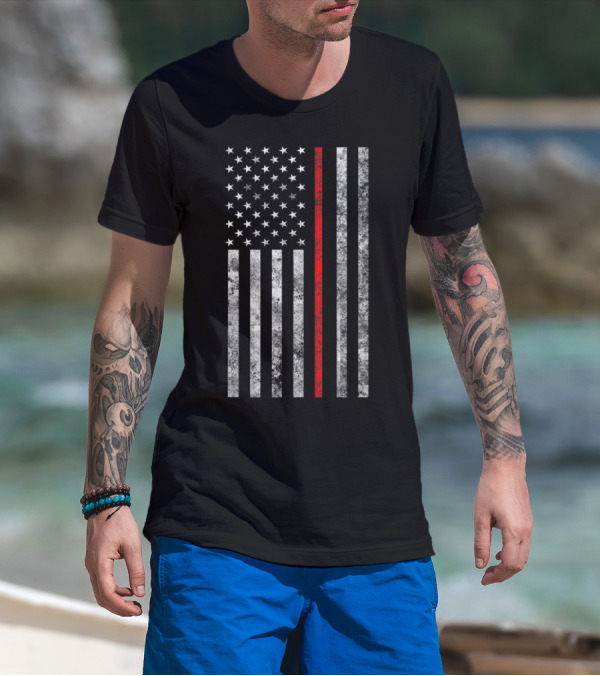 Distressed Thin Red Line American Flag Firefighter Tribute Iconic Symbol Hero Support T-Shirt