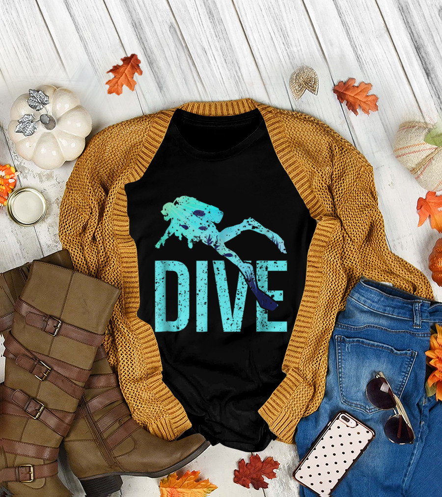 DIVE Scuba Diving Silhouette with Aqua Text and Diver T-Shirt