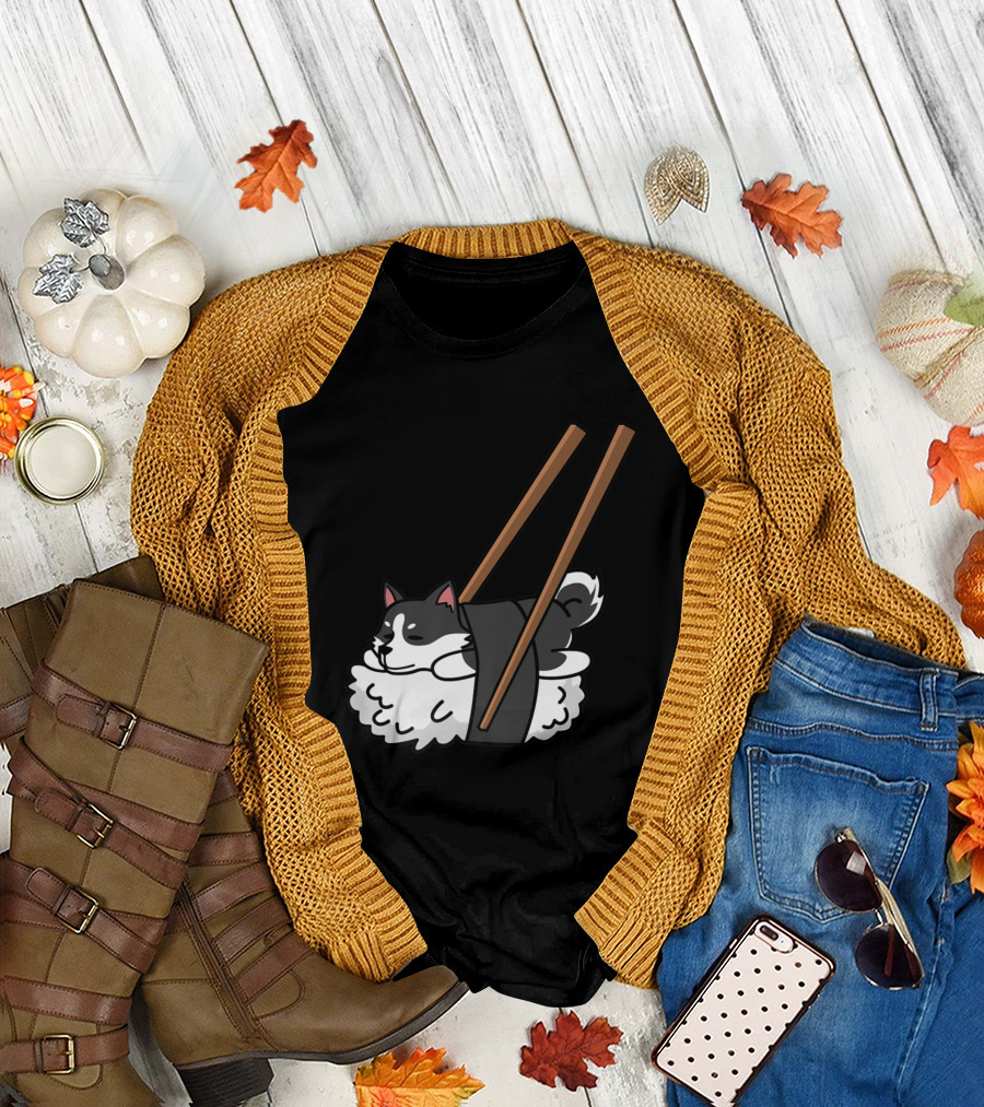 Siberian Husky Sushi Roll Humor with Chopsticks T-Shirt