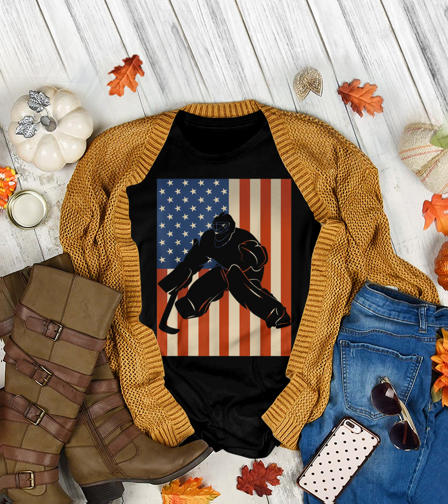 Hockey Goalie Silhouette with American Flag Background USA T-Shirt