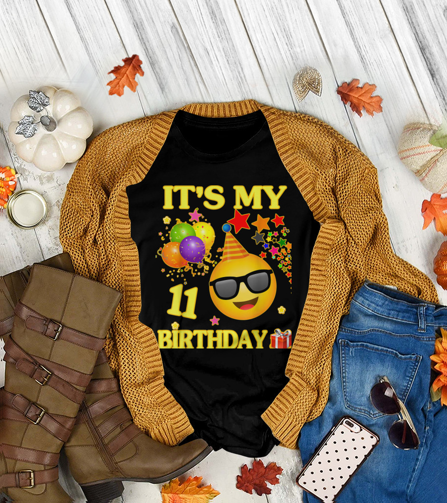 It's My 11 Birthday Emoji Balloons Party Hat Stars Gift T-Shirt