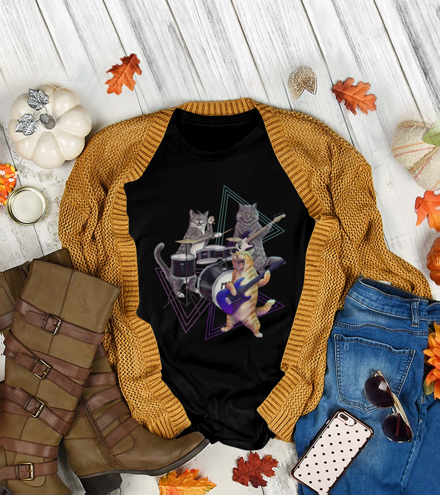 Rock Kitties Cat Band on Bass with Drums and Guitar T-Shirt