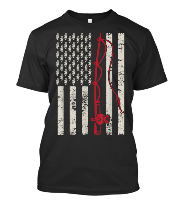 Patriotic USA Flag With Bass Fishing Rod And Fish Icons T-Shirt