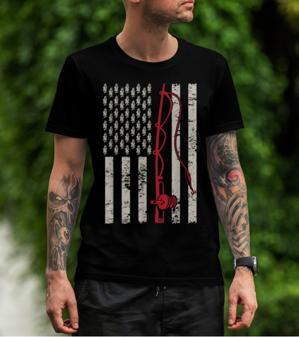 Patriotic USA Flag With Bass Fishing Rod And Fish Icons T-Shirt