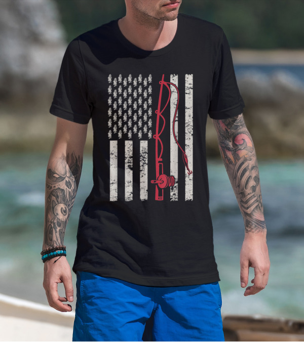 Patriotic USA Flag With Bass Fishing Rod And Fish Icons T-Shirt