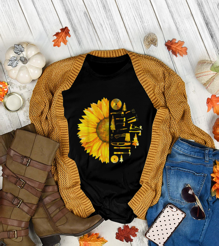 Funny Sunflower Half Carpenter Tools Woodworking Humor T-Shirt