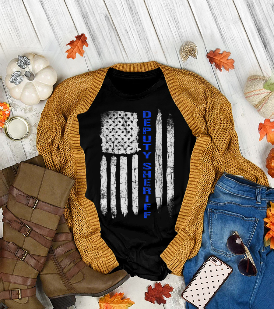 Deputy Sheriff Thin Blue Line American Flag T-Shirt