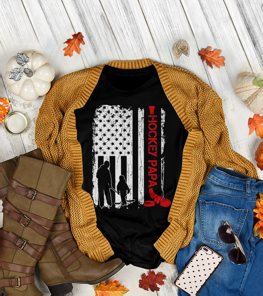 Patriotic Hockey Papa American Flag Silhouette with Stick and Puck T-Shirt