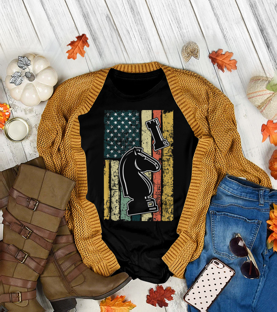 Chess Knight Checkmate with Rook and American Flag Background T-Shirt