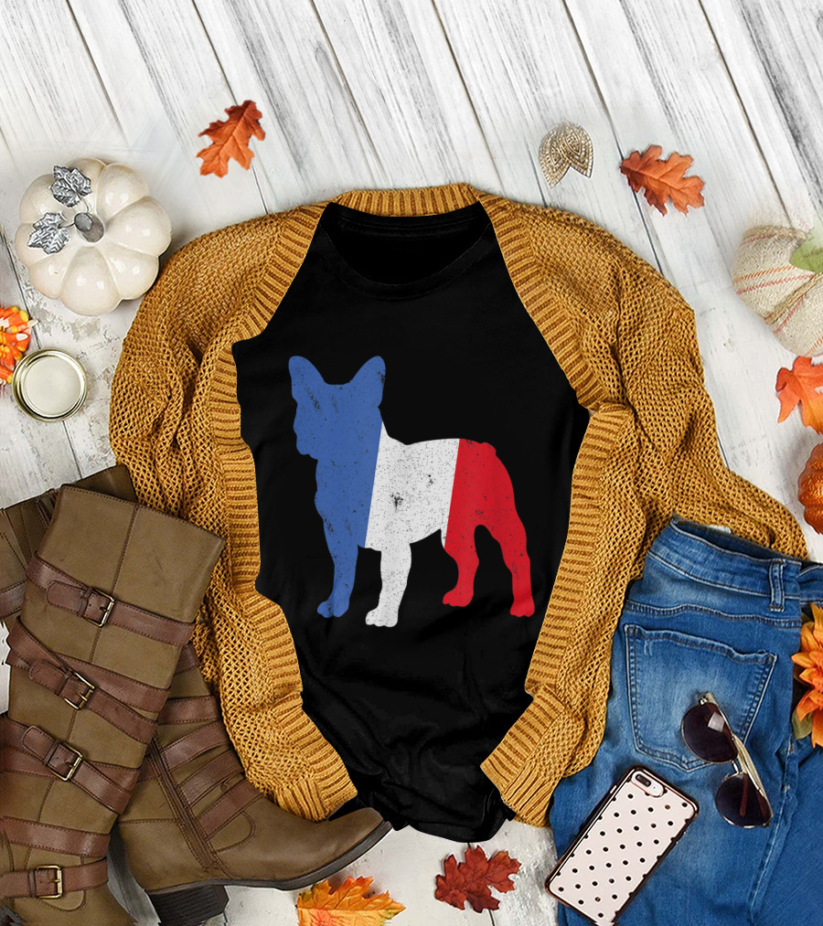 French Bulldog Silhouette in French Tricolor Flag T-Shirt