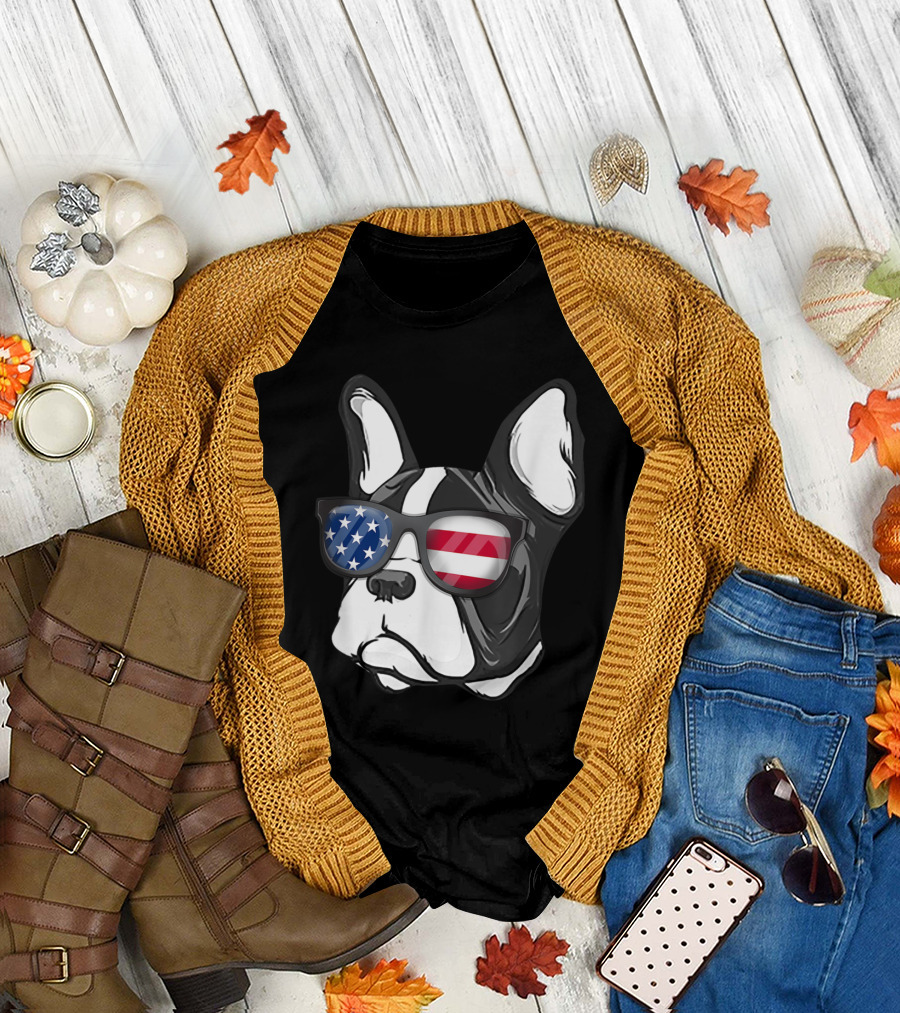Patriotic French Bulldog with American Flag Sunglasses for July Fourth T-Shirt