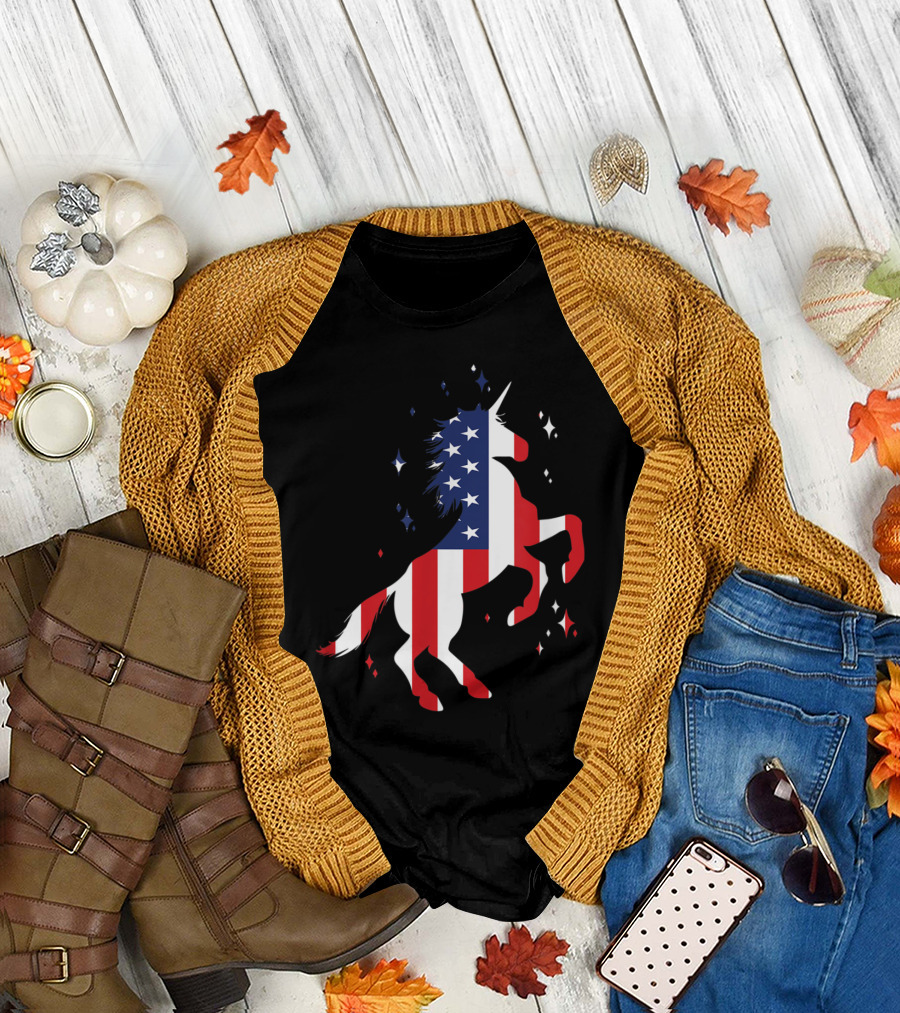 Patriotic Unicorn with USA Flag Design for 4th of July T-Shirt