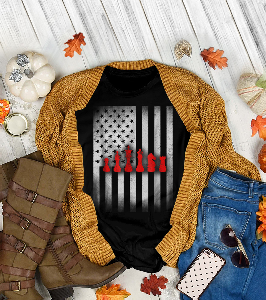 United States Flag with Red Chess Pieces T-Shirt