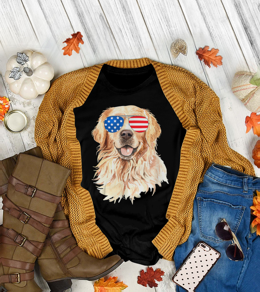 Golden Retriever with American Flag Sunglasses 4th of July Merica Golde T-Shirt