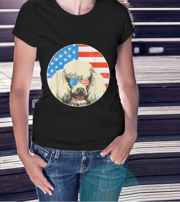 Patriotic Poodle Dog With American Flag Sunglasses T-Shirt