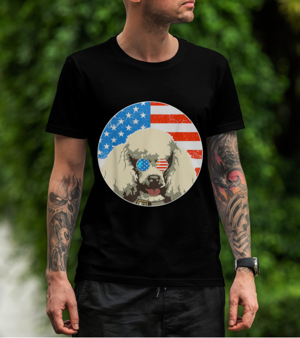 Patriotic Poodle Dog With American Flag Sunglasses T-Shirt