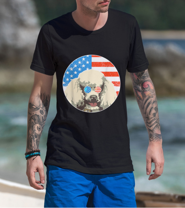 Patriotic Poodle Dog With American Flag Sunglasses T-Shirt