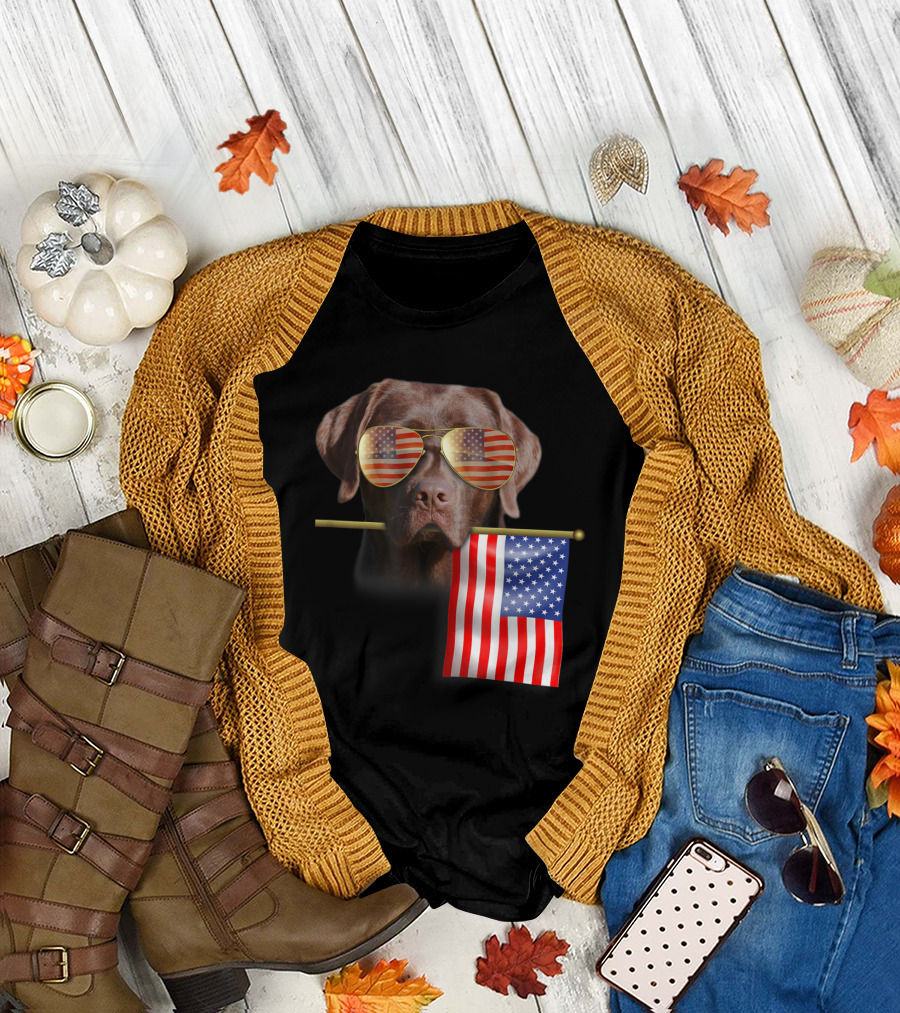 Dog with American Flag Sunglasses Holding Flag for 4th of July Fun T-Shirt