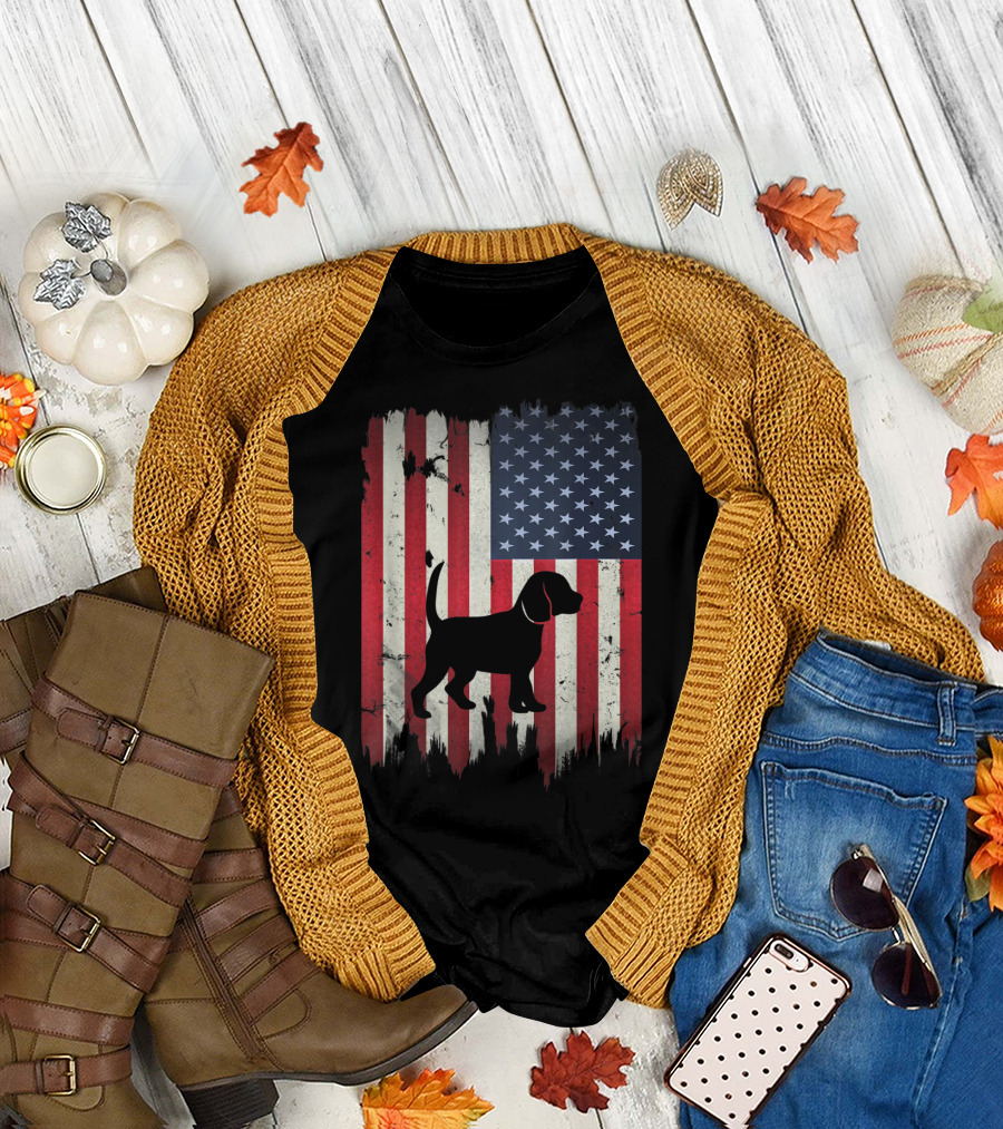 Beagle Silhouette Over Distressed American Flag USA T-Shirt