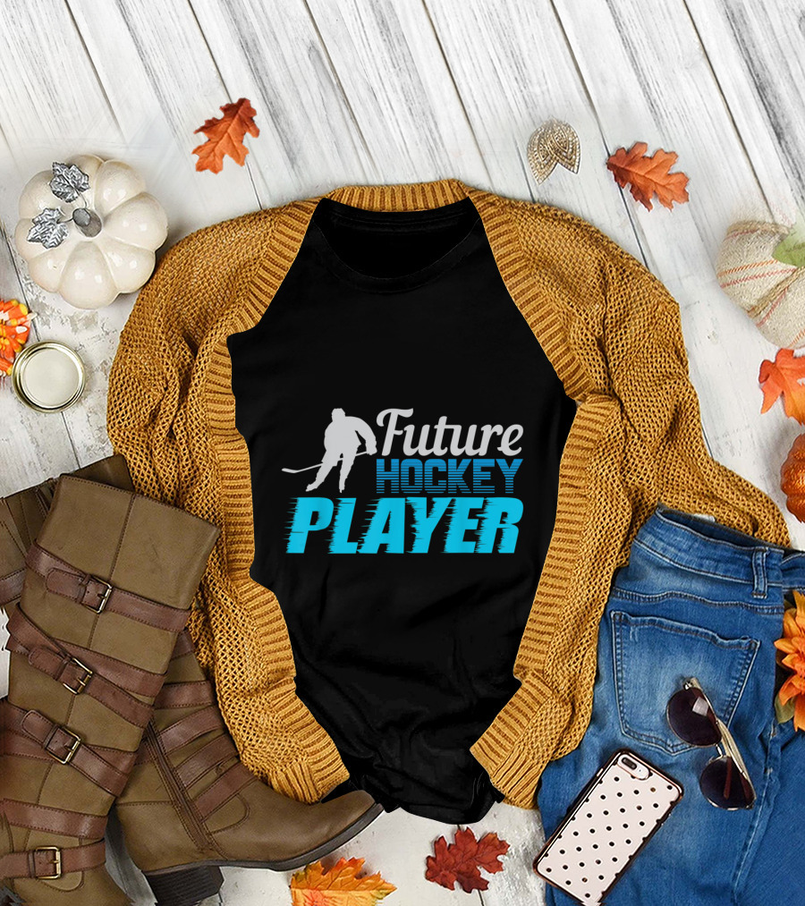 Future Hockey Player Ice Skating Silhouette with Dynamic Blue Gradient Text T-Shirt