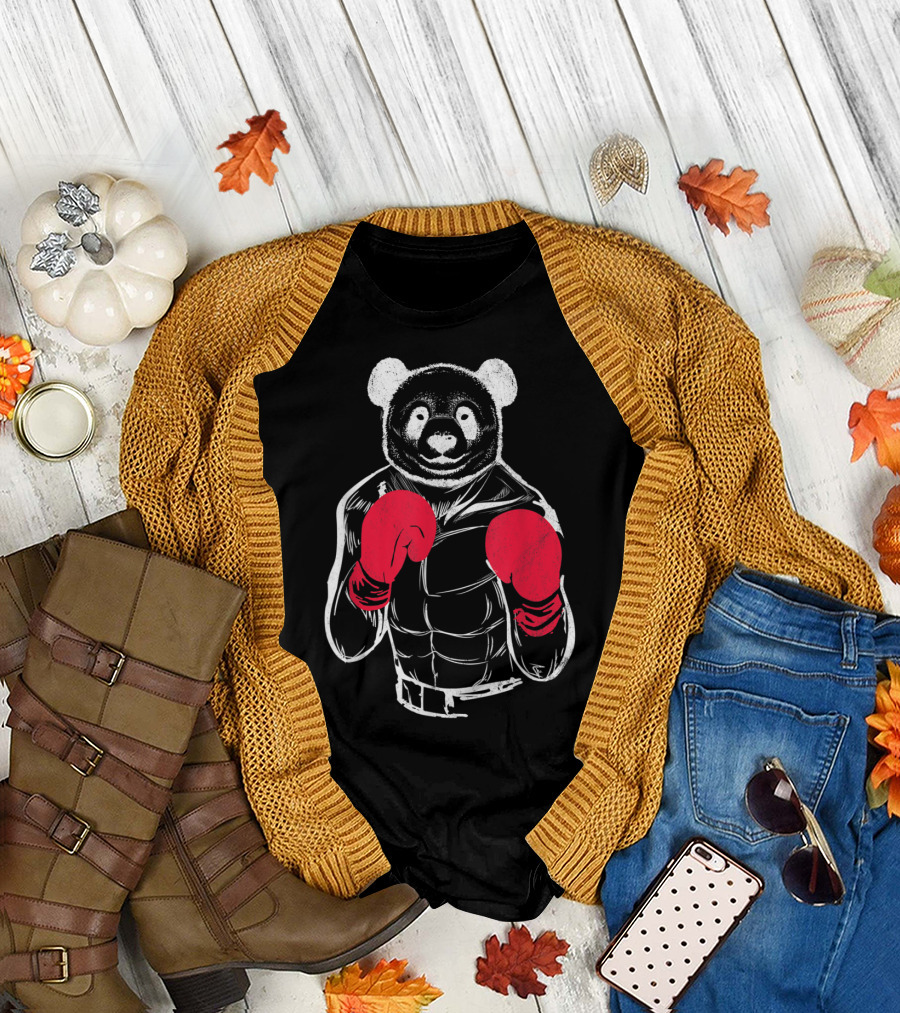 Charming Panda Bear Wearing Red Boxing Gloves Sports Fighter T-Shirt