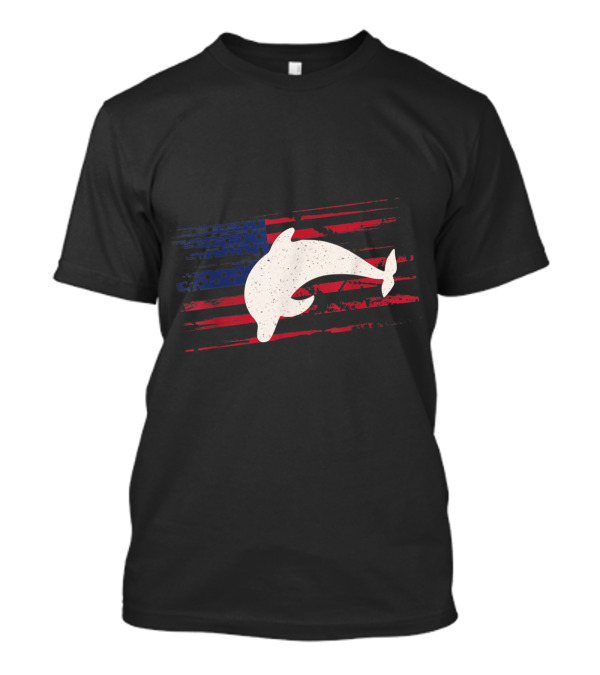 Dolphin Silhouette Overlay On Distressed US American Flag Beluga T-Shirt