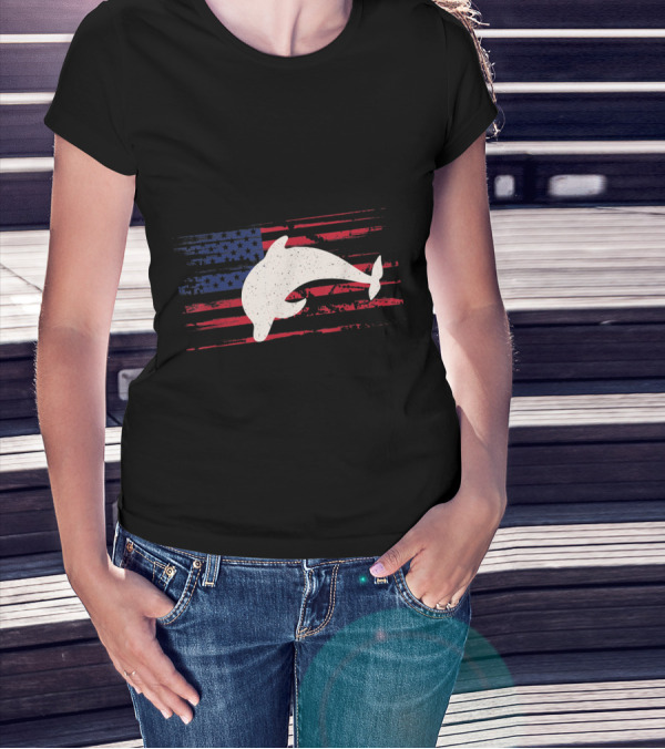 Dolphin Silhouette Overlay On Distressed US American Flag Beluga T-Shirt