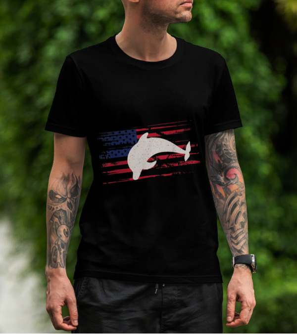 Dolphin Silhouette Overlay On Distressed US American Flag Beluga T-Shirt
