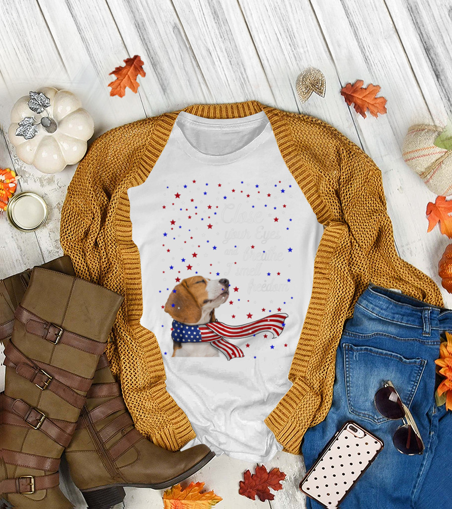 Close Your Eyes and Breathe I Smell Freedom Beagle with American Flag Scarf and Stars T-Shirt