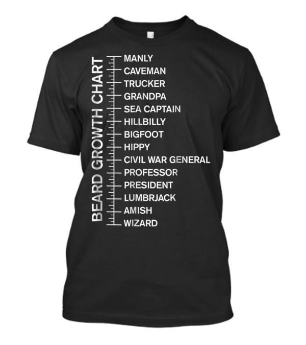 Beard Growth Chart Manly Caveman Trucker Grandpa Sea Captain Hillbilly Bigfoot Hippy Civil War General Professor President Lumberjack Amish Wizard T-Shirt