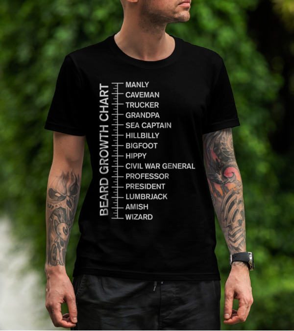 Beard Growth Chart Manly Caveman Trucker Grandpa Sea Captain Hillbilly Bigfoot Hippy Civil War General Professor President Lumberjack Amish Wizard T-Shirt