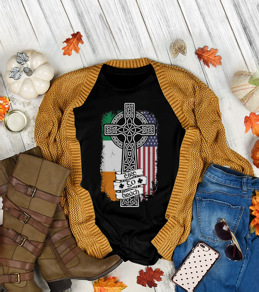 Eire Go Brách Celtic Cross with Irish and American Flags T-Shirt