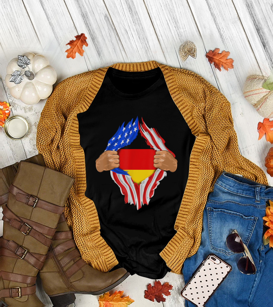 German Blood Inside Me American Flag Tears Revealing German Flag T-Shirt