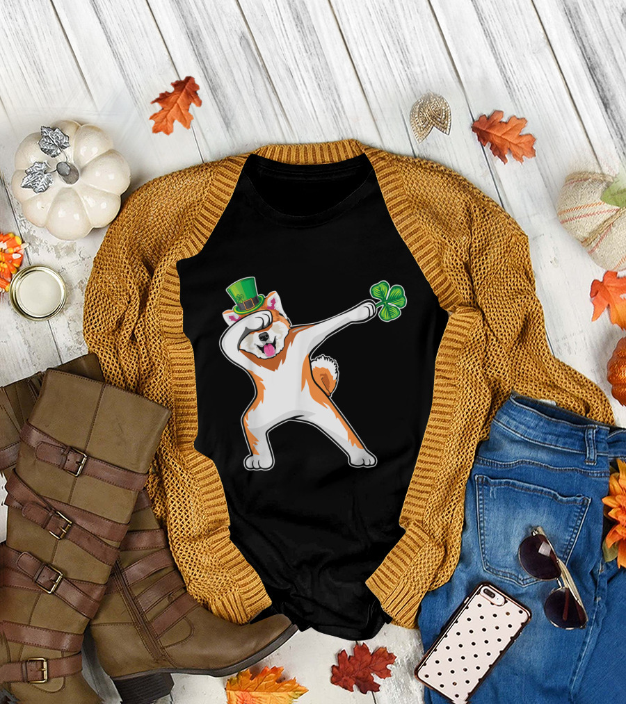 Akita Dog Dabbing Dance with St. Patrick's Day Hat and Shamrock T-Shirt