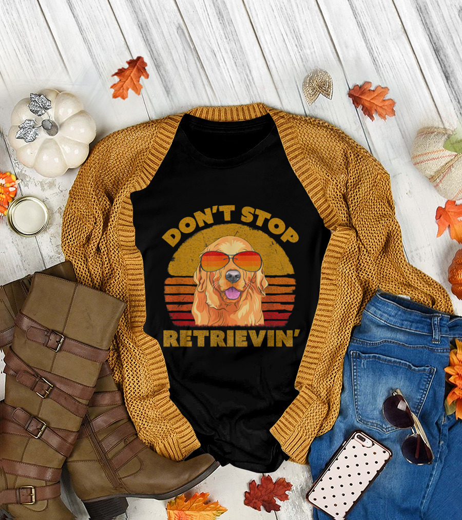 Don't Stop Retrievin' Golden Retriever Sunglasses Retro Sunset T-Shirt