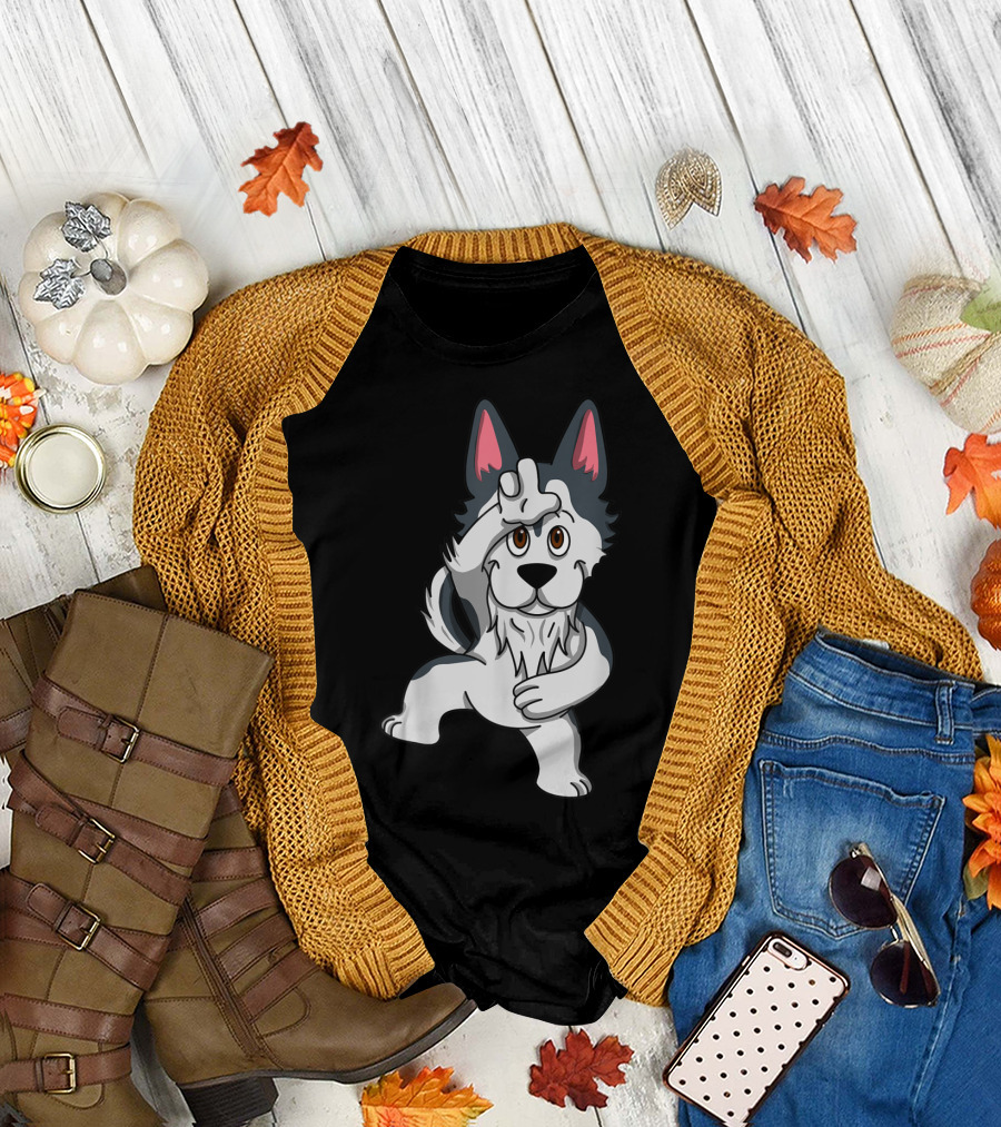 Husky Funny Dog Dance with Loser Gesture Playful Cartoon T-Shirt