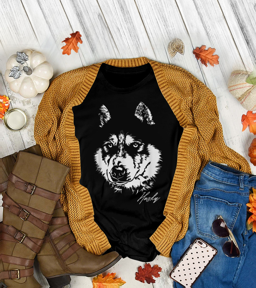 Husky Portrait Dog Hund Artful Canine Face Design in T-Shirt